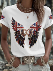 Women's British imitation diamond hot-drilling Printed Iron On Short Sleeve T-Shirt vetvanguards