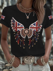 Women's British imitation diamond hot-drilling Printed Iron On Short Sleeve T-Shirt vetvanguards