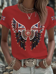 Women's British imitation diamond hot-drilling Printed Iron On Short Sleeve T-Shirt vetvanguards