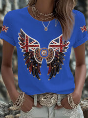 Women's British imitation diamond hot-drilling Printed Iron On Short Sleeve T-Shirt vetvanguards