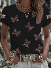 Women's British imitation diamond hot-drilling Printed Iron On Short Sleeve T-Shirt vetvanguards