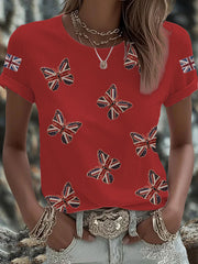 Women's British imitation diamond hot-drilling Printed Iron On Short Sleeve T-Shirt vetvanguards