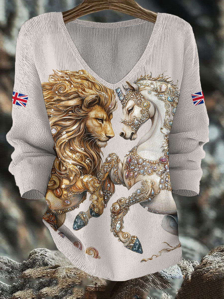 Women's Retro Lion Unicorn UK Flag Printed Tops vetvanguards