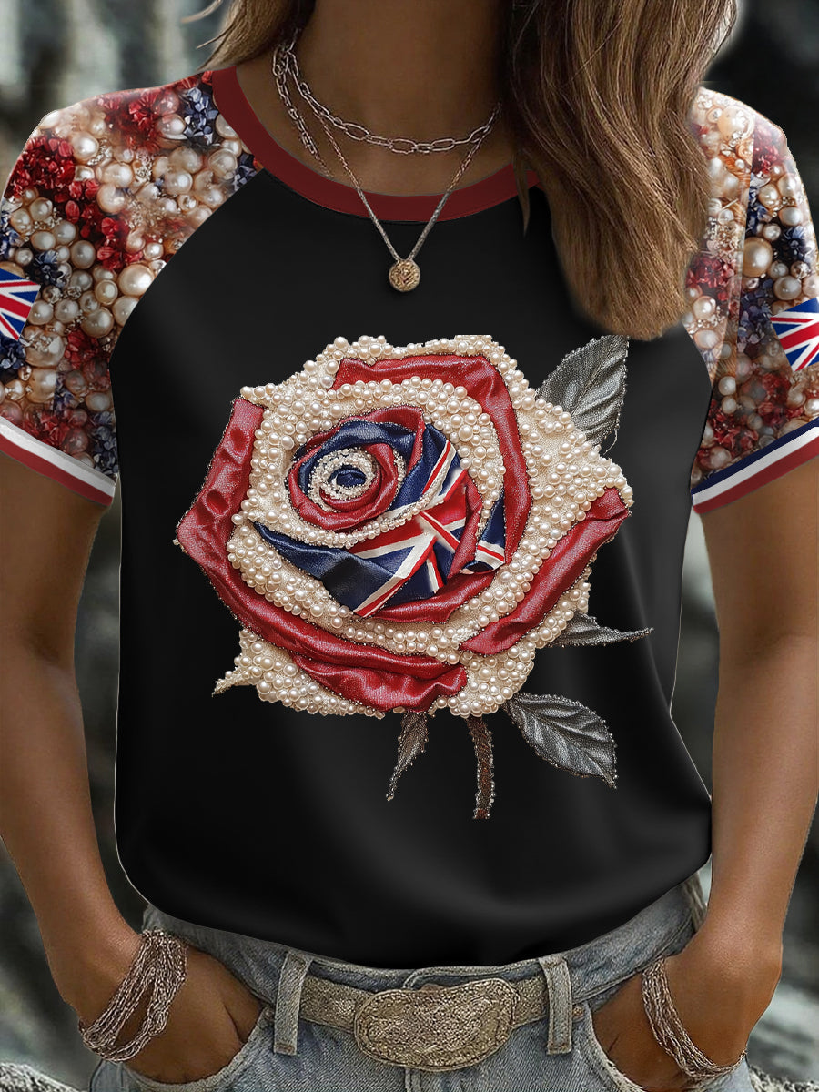Women's UK Flag Rose Art Printed T-shirt vetvanguards