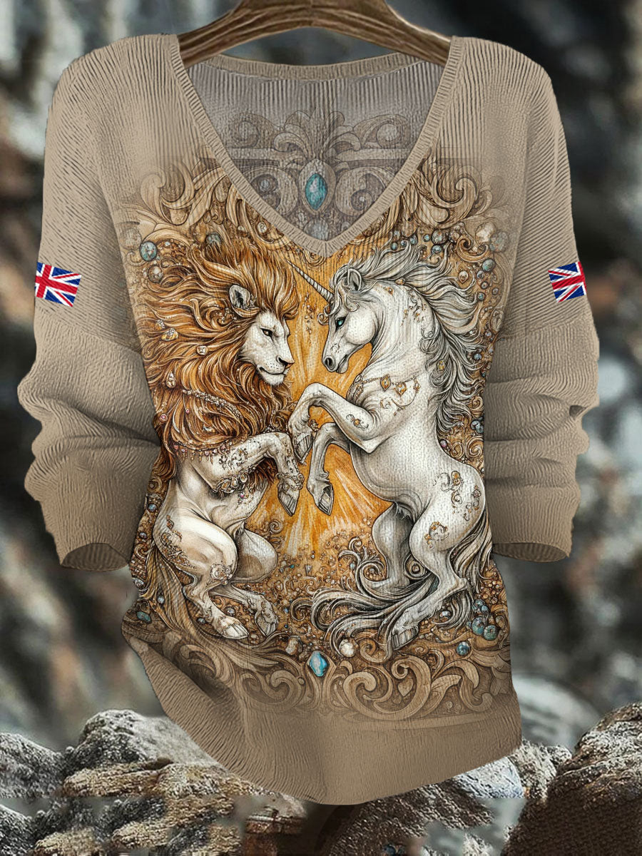 Women's Retro Lion Unicorn UK Flag Printed Tops vetvanguards