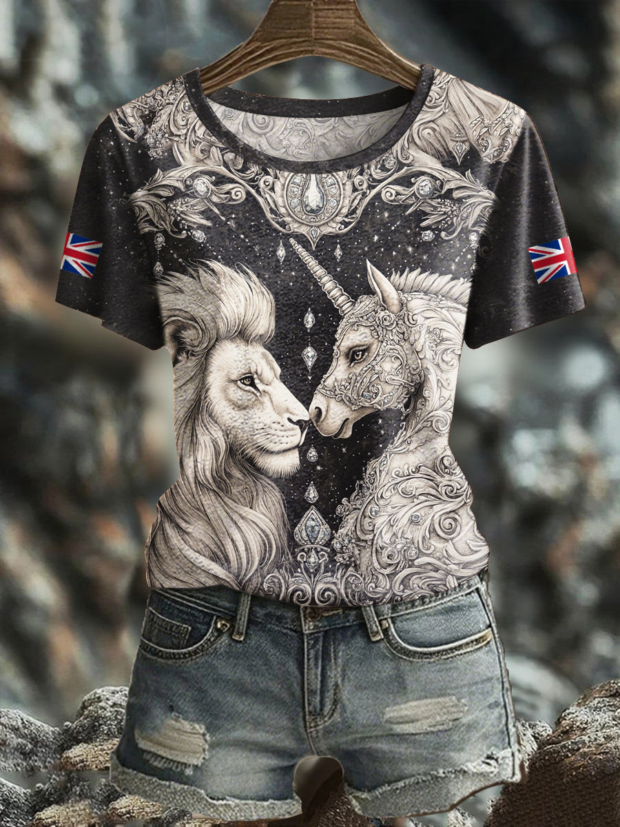 Women's Retro Lion Unicorn UK Flag Printed T-Shirt vetvanguards
