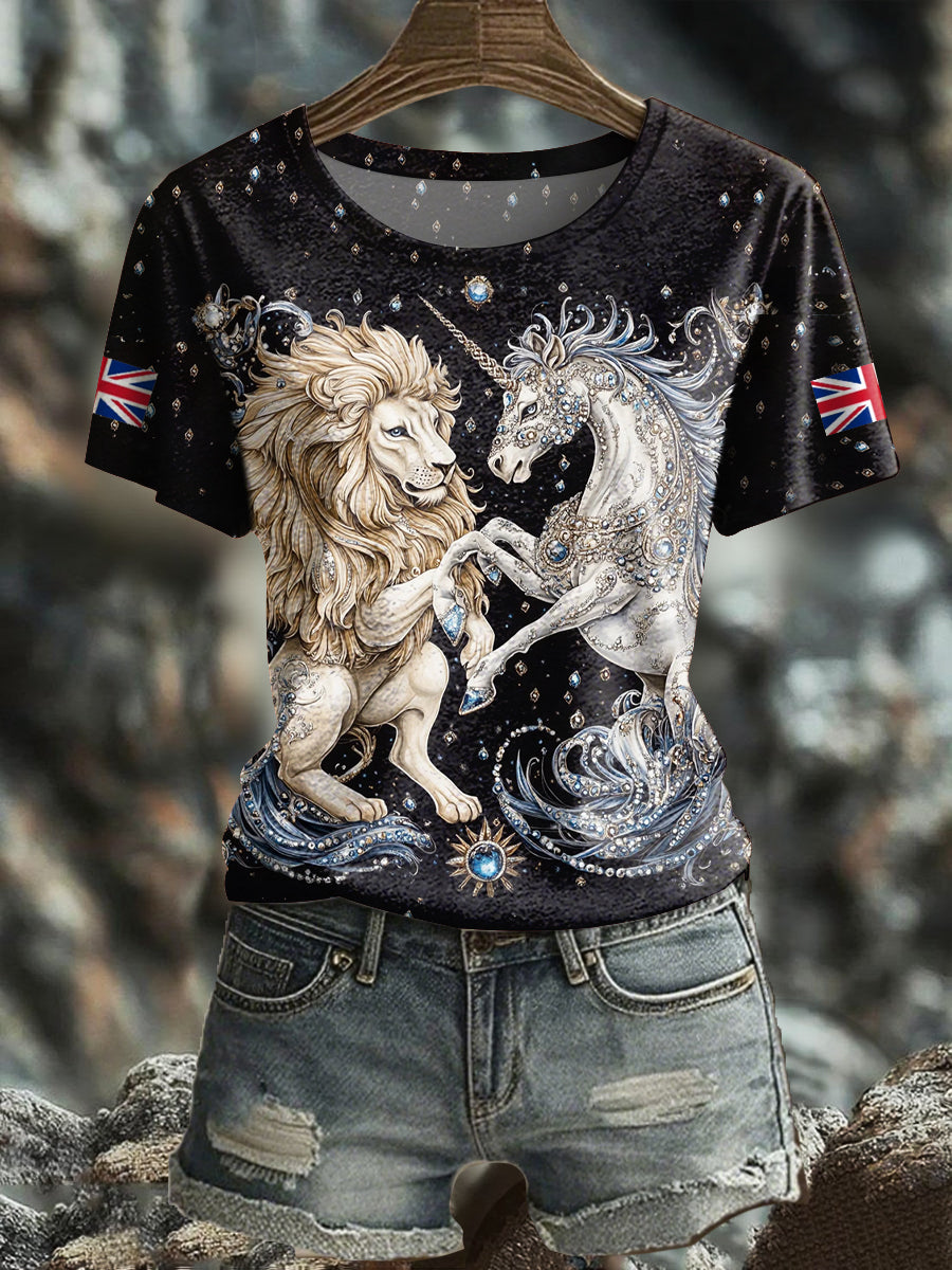 Women's Retro Lion Unicorn UK Flag Printed T-Shirt vetvanguards