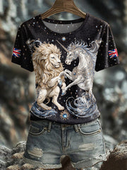 Women's Retro Lion Unicorn UK Flag Printed T-Shirt vetvanguards