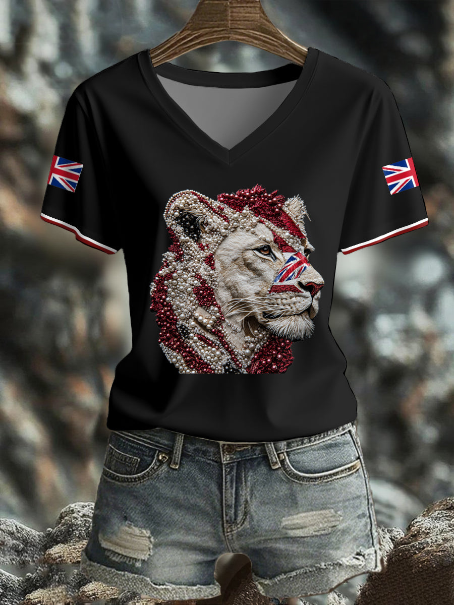 Women's UK Flag Lioness Art Printed T-shirt vetvanguards
