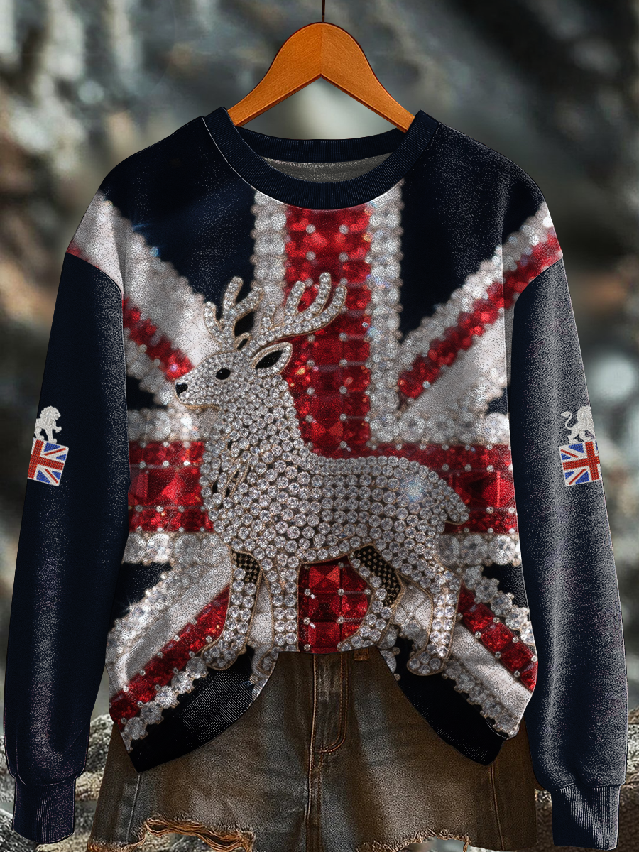 Women's British imitation diamond hot-drilling Printed Regular Sweatshirt vetvanguards