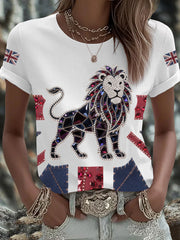 Women's British imitation diamond hot-drilling Printed Iron On Short Sleeve T-Shirt vetvanguards