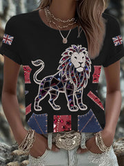 Women's British imitation diamond hot-drilling Printed Iron On Short Sleeve T-Shirt vetvanguards