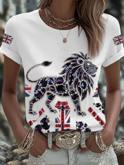 Women's British imitation diamond hot-drilling Printed Iron On Short Sleeve T-Shirt vetvanguards