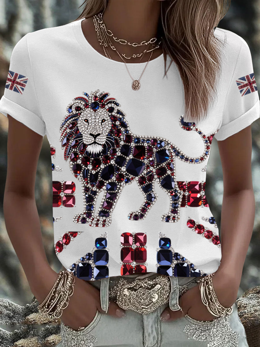 Women's British imitation diamond hot-drilling Printed Iron On Short Sleeve T-Shirt vetvanguards