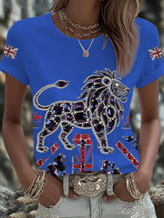 Women's British imitation diamond hot-drilling Printed Iron On Short Sleeve T-Shirt vetvanguards