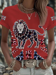 Women's British imitation diamond hot-drilling Printed Iron On Short Sleeve T-Shirt vetvanguards