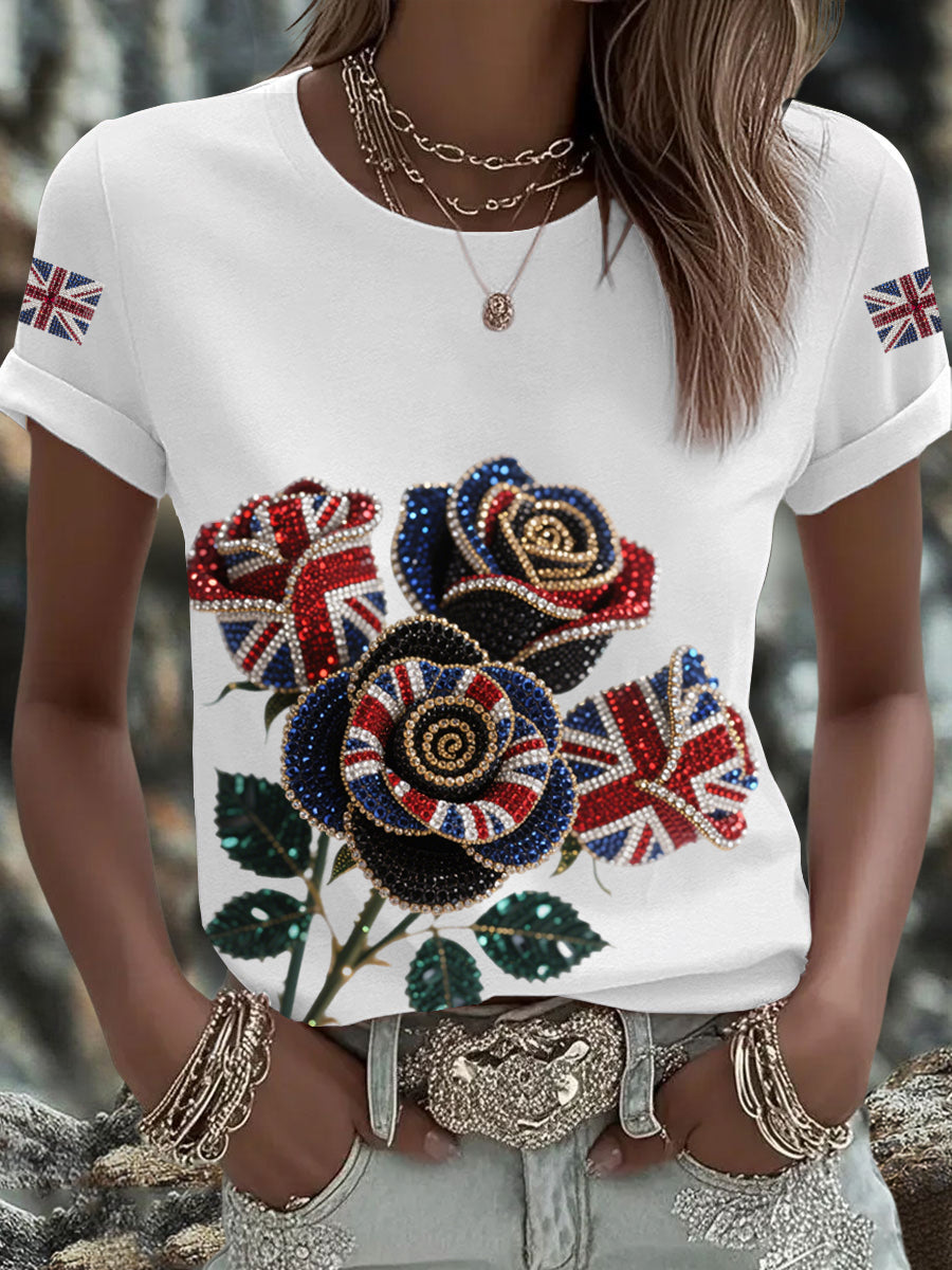 Women's British imitation diamond hot-drilling Printed Iron On Short Sleeve T-Shirt vetvanguards