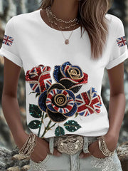 Women's British imitation diamond hot-drilling Printed Iron On Short Sleeve T-Shirt vetvanguards