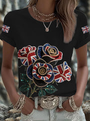 Women's British imitation diamond hot-drilling Printed Iron On Short Sleeve T-Shirt vetvanguards