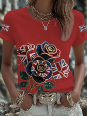 Women's British imitation diamond hot-drilling Printed Iron On Short Sleeve T-Shirt vetvanguards