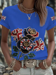 Women's British imitation diamond hot-drilling Printed Iron On Short Sleeve T-Shirt vetvanguards