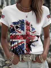 Women's British imitation diamond hot-drilling Printed Iron On Short Sleeve T-Shirt vetvanguards