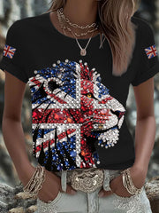 Women's British imitation diamond hot-drilling Printed Iron On Short Sleeve T-Shirt vetvanguards