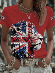 Women's British imitation diamond hot-drilling Printed Iron On Short Sleeve T-Shirt vetvanguards