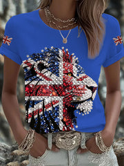 Women's British imitation diamond hot-drilling Printed Iron On Short Sleeve T-Shirt vetvanguards