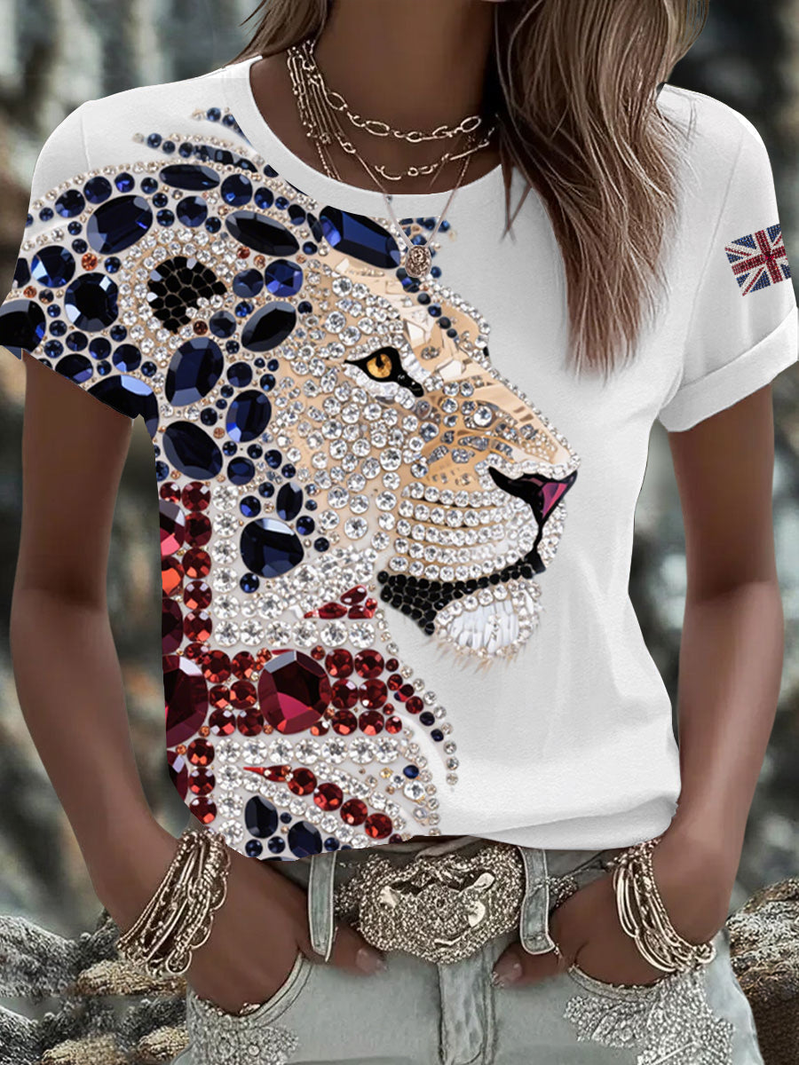 Women's British imitation diamond hot-drilling Printed Iron On Short Sleeve T-Shirt vetvanguards