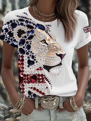 Women's British imitation diamond hot-drilling Printed Iron On Short Sleeve T-Shirt vetvanguards