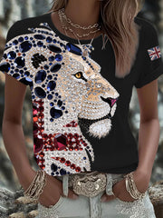 Women's British imitation diamond hot-drilling Printed Iron On Short Sleeve T-Shirt vetvanguards