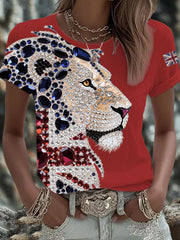 Women's British imitation diamond hot-drilling Printed Iron On Short Sleeve T-Shirt vetvanguards