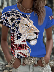 Women's British imitation diamond hot-drilling Printed Iron On Short Sleeve T-Shirt vetvanguards