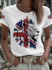 Women's British imitation diamond hot-drilling Printed Iron On Short Sleeve T-Shirt vetvanguards