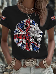 Women's British imitation diamond hot-drilling Printed Iron On Short Sleeve T-Shirt vetvanguards