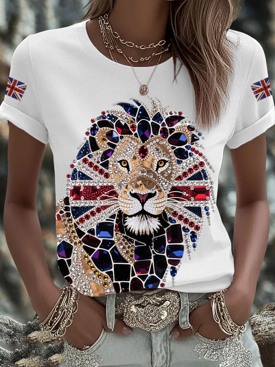 Women's British imitation diamond hot-drilling Printed Iron On Short Sleeve T-Shirt vetvanguards
