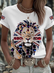 Women's British imitation diamond hot-drilling Printed Iron On Short Sleeve T-Shirt vetvanguards