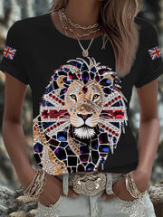 Women's British imitation diamond hot-drilling Printed Iron On Short Sleeve T-Shirt vetvanguards