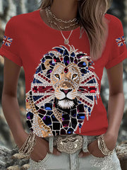 Women's British imitation diamond hot-drilling Printed Iron On Short Sleeve T-Shirt vetvanguards