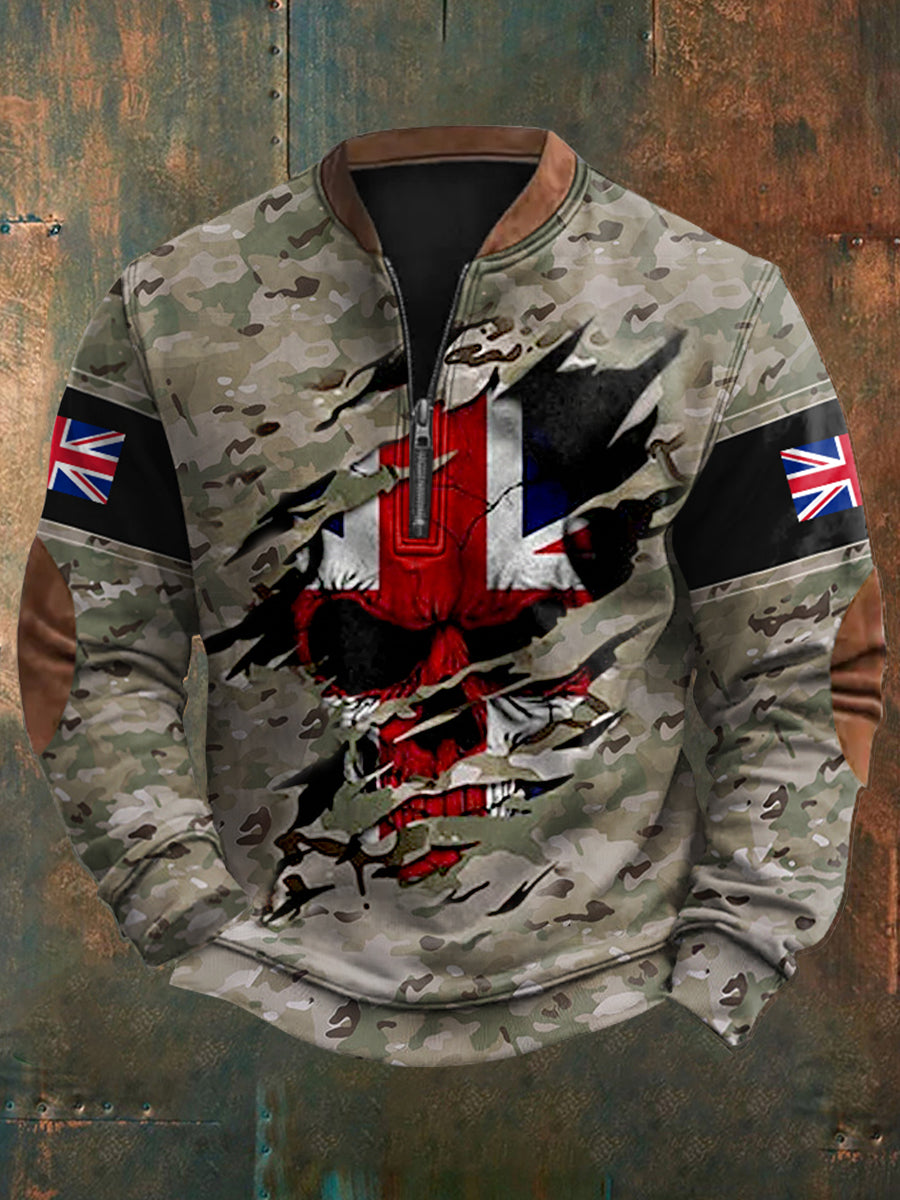 Men's UK Flag Camouflage Skull Print Casual Zipper Pullover vetvanguards
