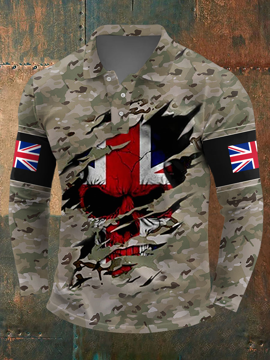 Men's UK Flag Camouflage Skull Print Casual Long-Sleeve Top vetvanguards