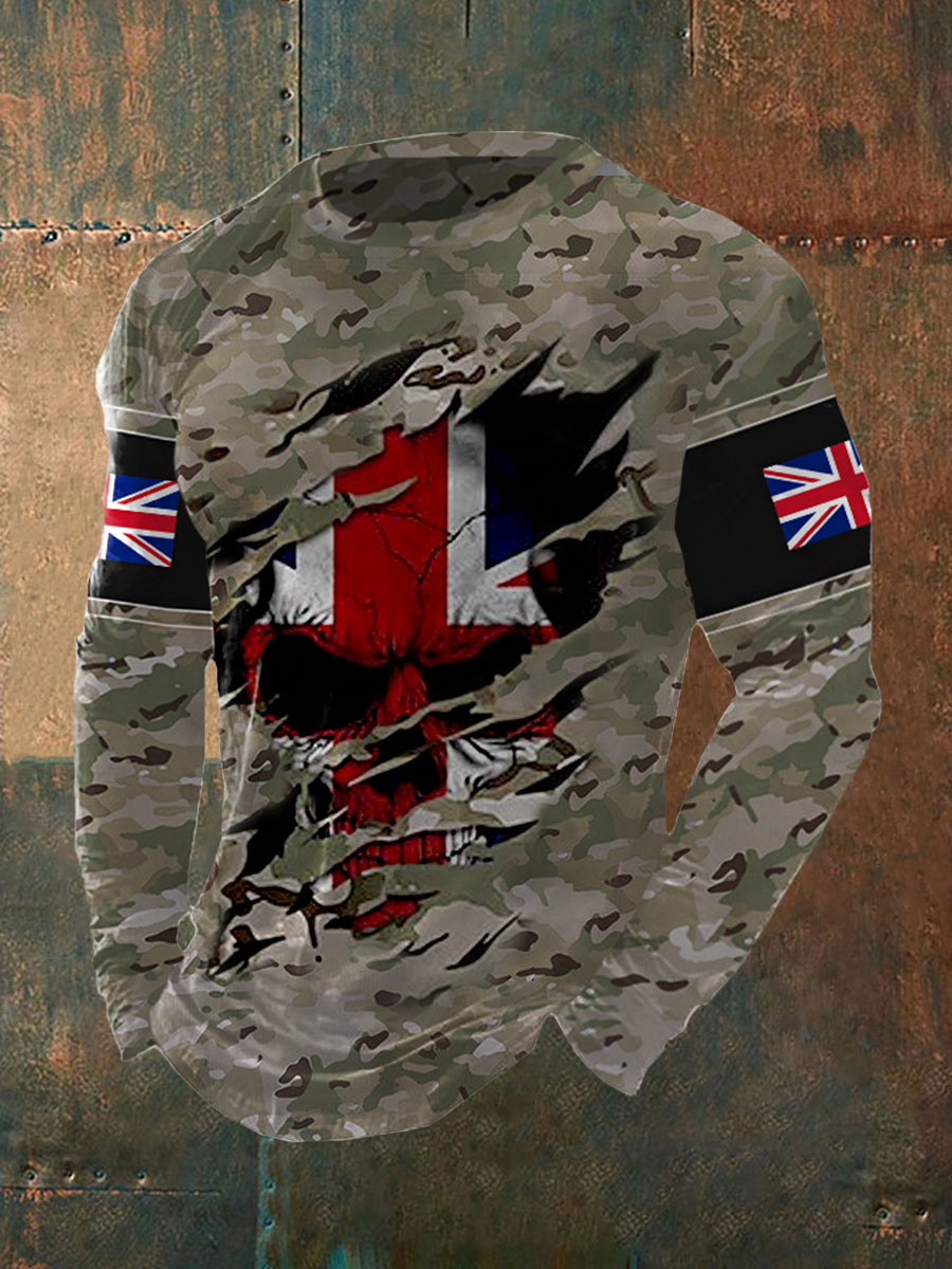 Men's UK Flag Camouflage Skull Print Casual Long-Sleeve T-Shirt vetvanguards
